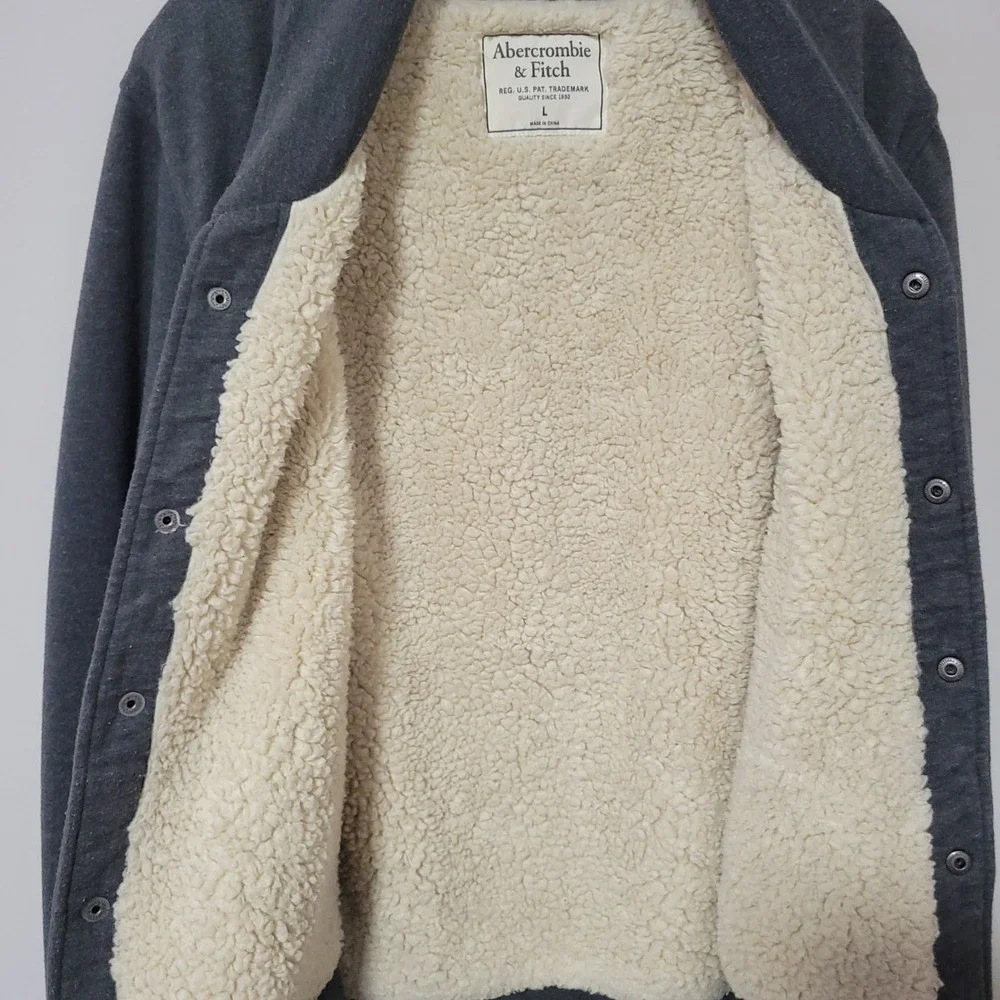 Abercrombie & Fitch Sherpa Lined Cardigan Jacket Mens L Gray Shawl Collar Moose